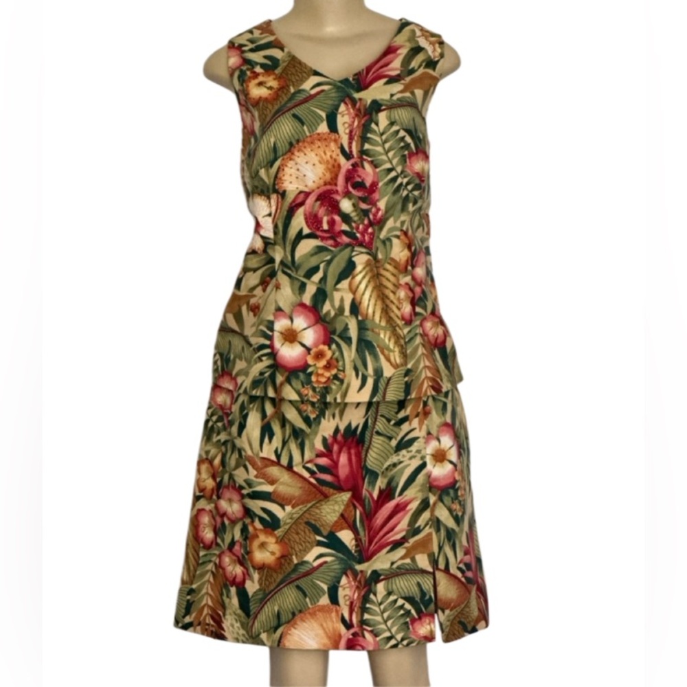 Ultra Dress Collection Tropical Floral Midi Dress in Green, Pink, Gold
